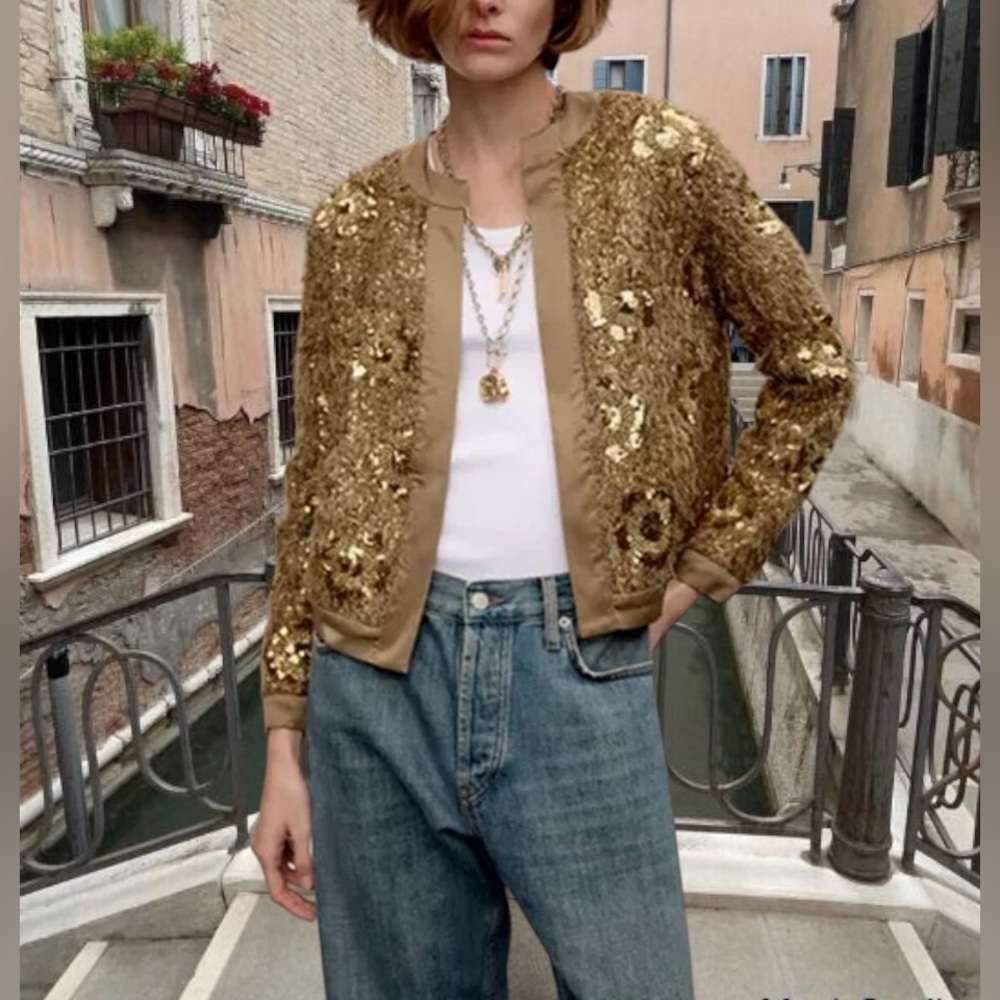 Zara Gold Sequin Bomber Jacket
